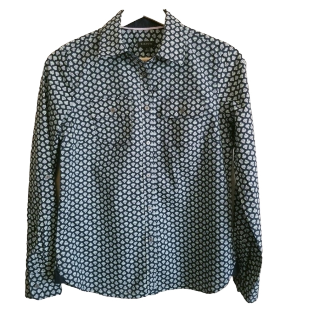 TALBOTS Button Up Shirt Womens 2 Blue Green Geometric Roll Tab Sleeves Cotton